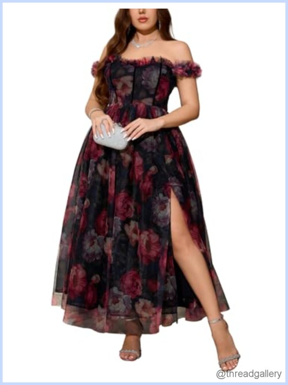 Plus Size Formal Floral Midi Dress Sweetheart Neck Ruffle Sleeve